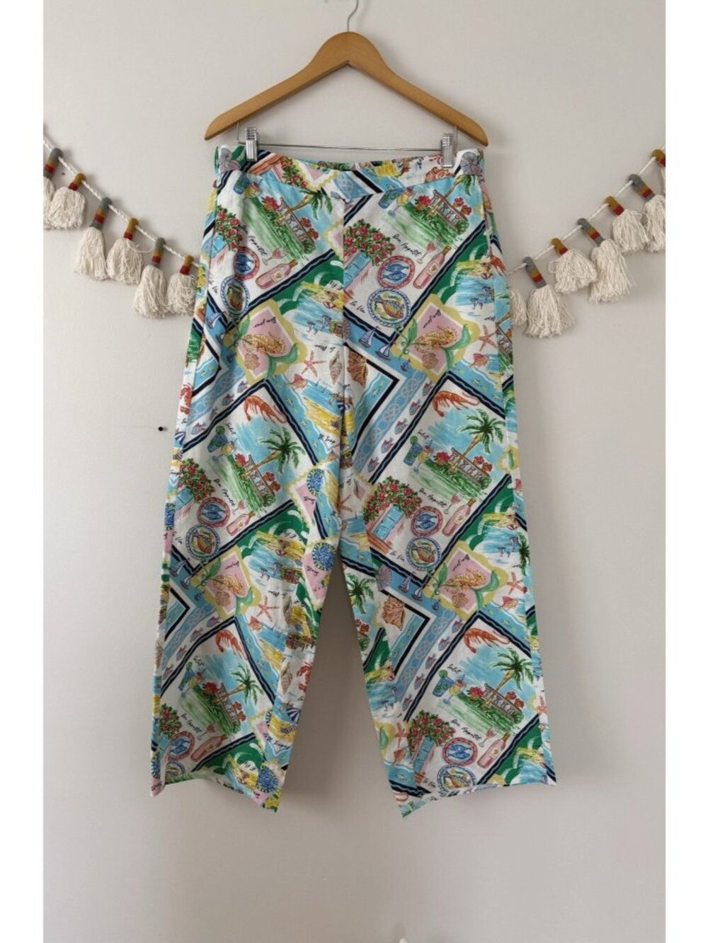 Talbots Wide Ankle Linen Cotton Summer Vista Novelty Pants Resort Wear Tropical